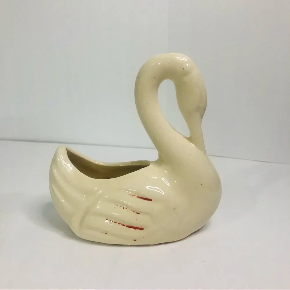 vintage whimsical white swan ceramic white planter 1930's-40's kitschy dish bird